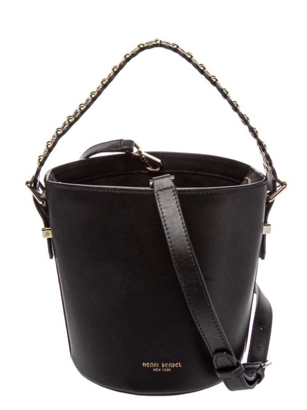 Henri Bendel Rare Black leather bucket bag with gold embellished handle